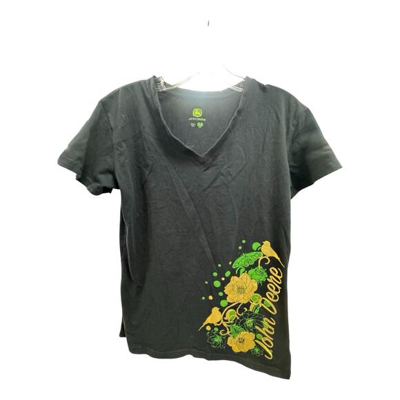 John Deere Tops - John Deere T-Shirt Women's L Black Gold & Green Floral Bird Graphic V-Neck SS